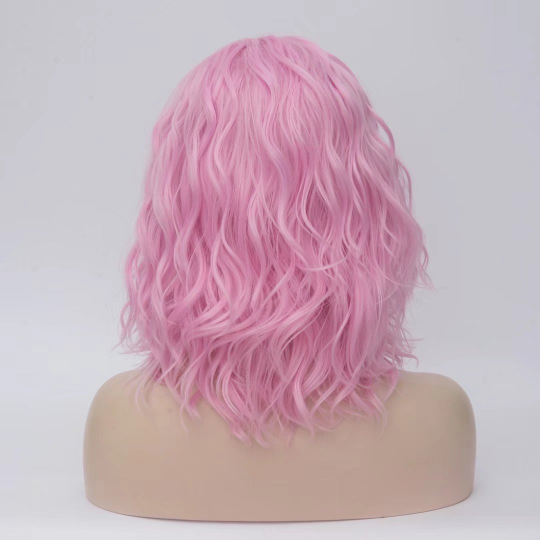 BUFASHION 14 Women Short Light Pink Kinky Straight Cosplay Synthetic Wigs With Air Bangs 46 Colors Available (Light Pink)