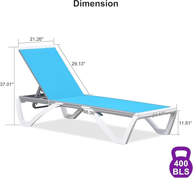 PURPLE LEAF Patio Chaise Lounge Chair Outside Aluminum Plastic Stackable Tanning Chairs for Pool Sunbathing Beach Deck Outdoor Lounger, Turquoise Blue