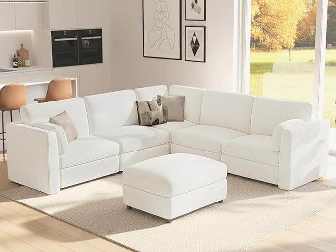 CUGOAO 117.7'' Modular Sectional Sofa, Oversized L-Shaped Sectional Couch with Ottoman, Deep Seat Chenille Cloud Couch, Mordern Upholstered Couches for Living Room, Apartment, Office, Beige