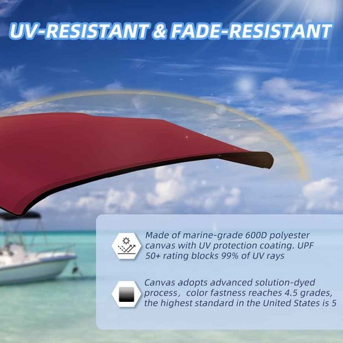 Seapisode 3 Bow Bimini Top Replacement Cover，600D Marine Grade Polyester Waterproof Sun Shade Boat Canopy，Easy Install Zipper Sleeves Boat Awning/Without Frame,Burgundy 6'L 67"-72" W