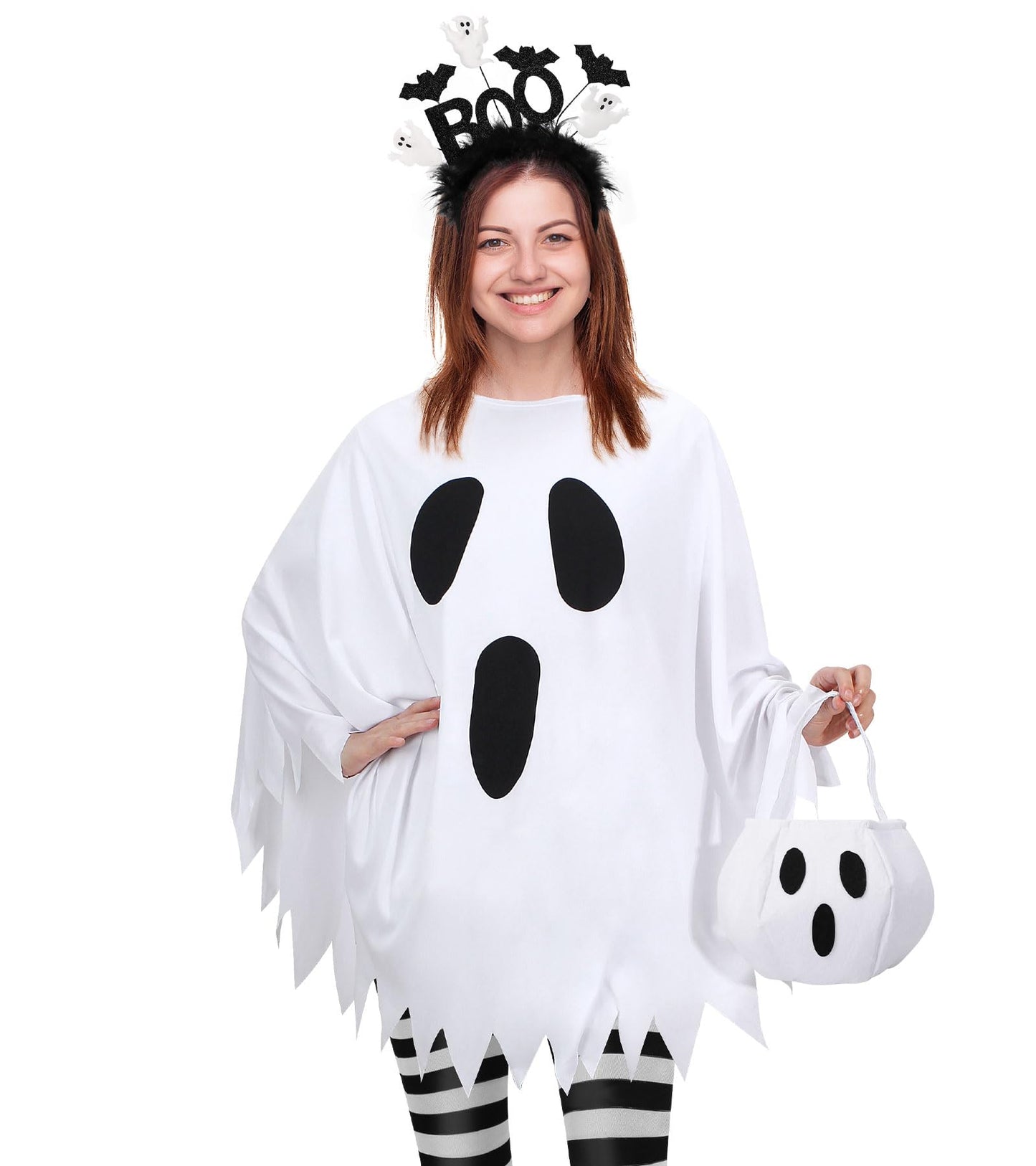 Snwquik 4 Pcs Ghost Costume Adult with Accessories,Ghost Costume Women Poncho/Bag/Headband/Tights Halloween Cosplay