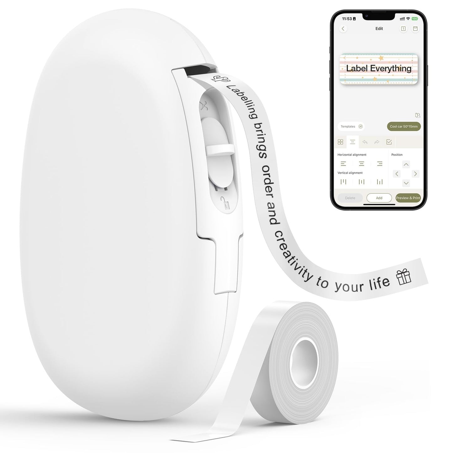 SUPVAN E10 Bluetooth Label Maker Machine with Tape, Continuous Waterproof Label, Versatile App with 35 Fonts and 1k+ Icons, Inkless Labeler for Home, Kitchen, School, Office Organization, Green