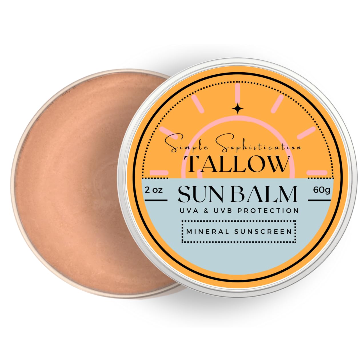Tallow Sun Balm- with grassfed beef tallow, castor oil, zinc oxide | Mineral Sunscreen | Natural, Organic | Reef Safe, Ocean Fri