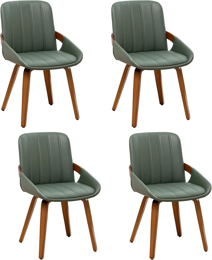 YOUUGIOR Mid Century Modern Faux Leather Upholstered Dining Chairs,Armless Accent Chairs with Sturdy Natural Wood Legs,Bamboo Backrest Support for Kitchen&Dining Room Chairs(Set of 4,Green)