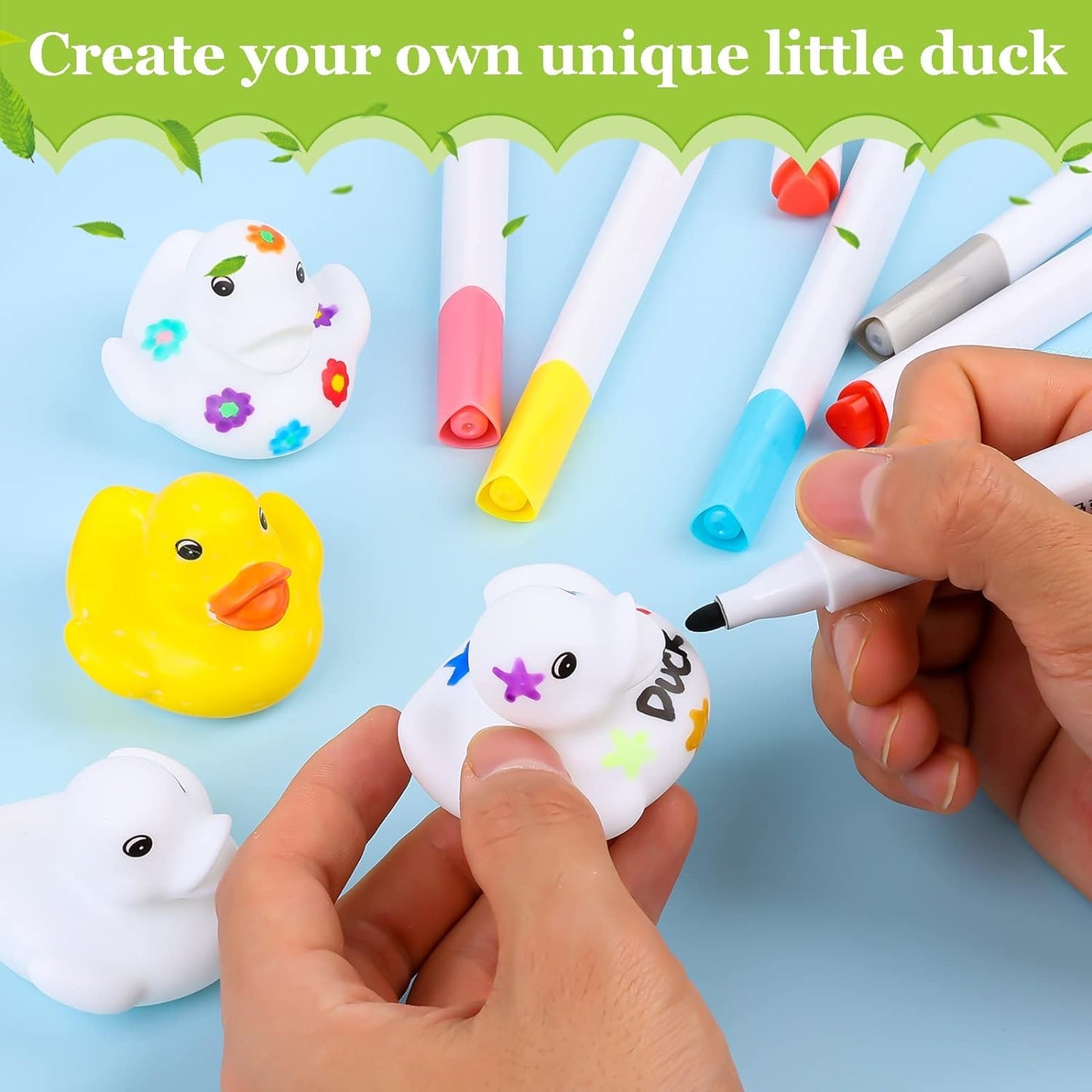 50 Pcs 2 Inch White Blank Rubber Ducks in Bulk DIY Fall Halloween Ducks with Pens of 24 Colors Float Squeak Funny for Pool Bathtub Float Cute Ducks Birthday Gift Baby Activities Themed Party Favor