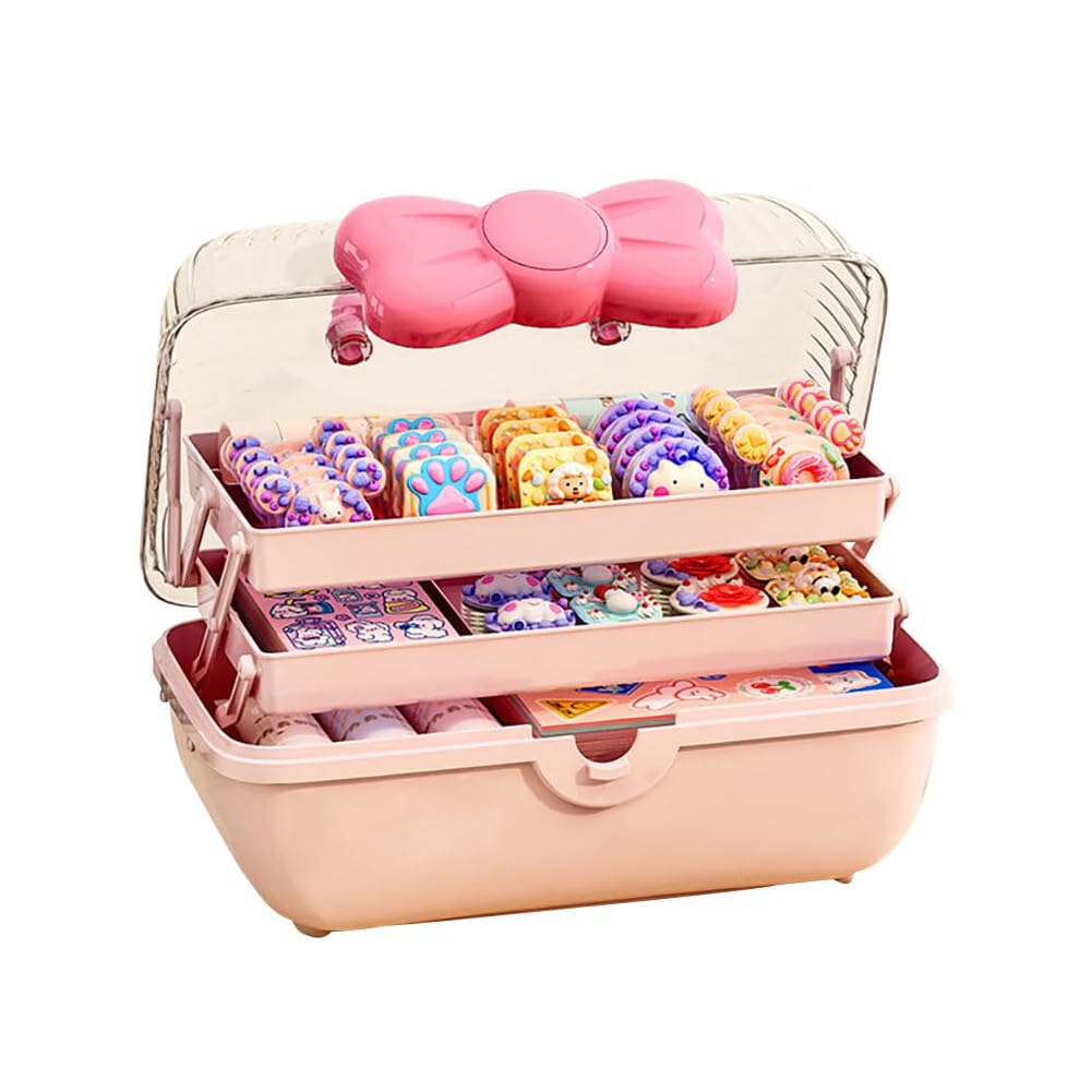 HMWQC Bow Shaped Hair Accessories Storage Box Lockable Three-layer Folding Craft Organizers and Storage for Girls Headbands Clips Ties Baby Girl Supplies, Pink, 16M81916H157E4V