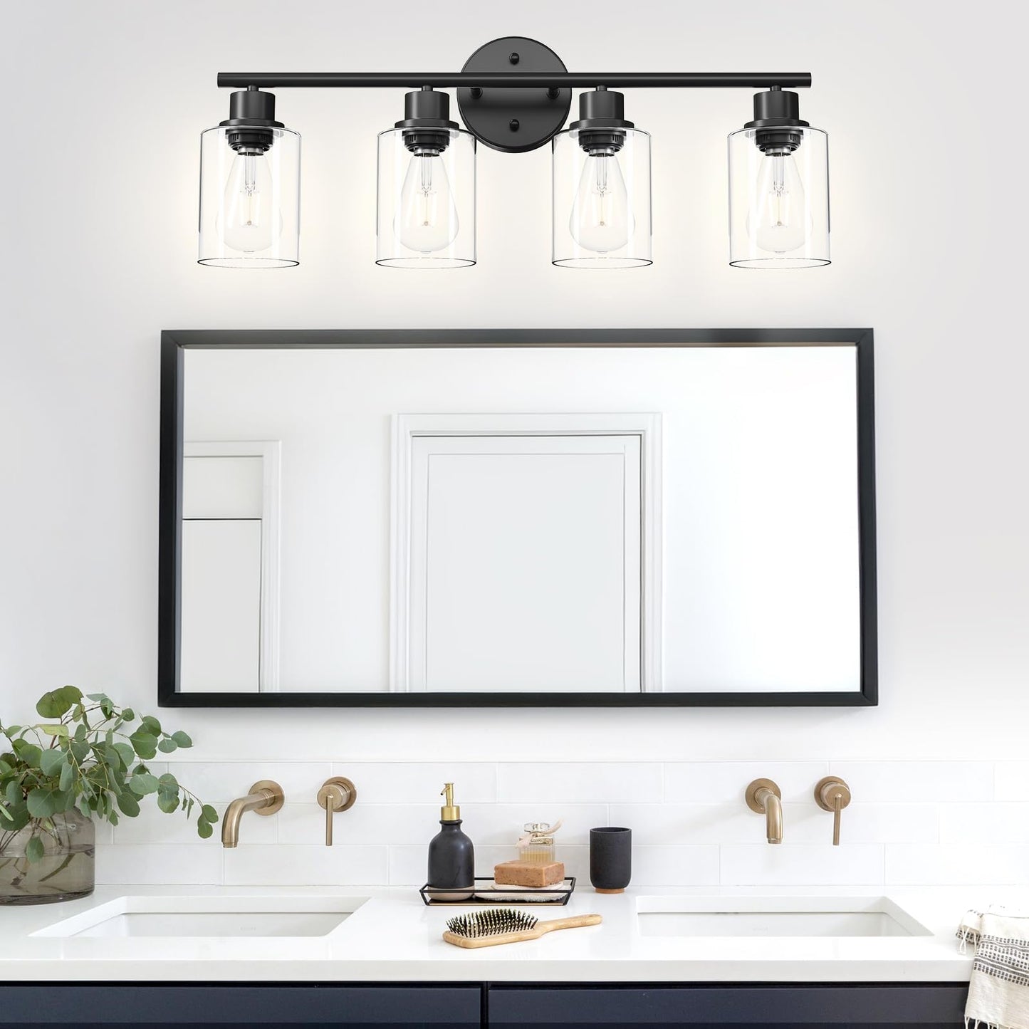 Guliaofo 4-Light Black Bathroom Light Fixtures, E26 Modern Vanity Lights for Bathroom with Clear Glass Shade, Wall Lamps for Mirror Hallway Kitchen Cabinet Living Room Sconces Lights