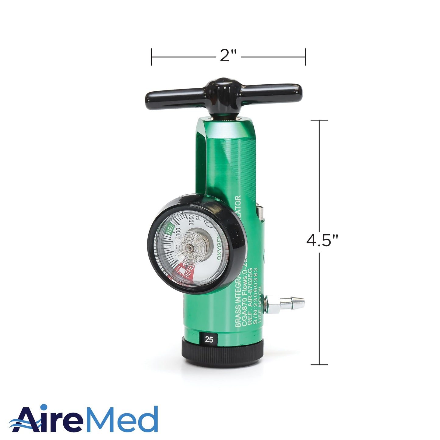 AireMed Oxygen Regulator 0-25LPM, CGA-870 Gauge Flow Rate – Includes Wrench Key, 5 Brass Yoke Washer Seals, and 2 Oxygen Tubing Swivel Connectors - Ergonomic Handle Design - Green