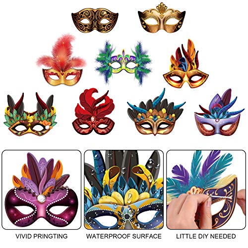 Blulu 24 Pcs Mardi Gras Masks Carnival Parade Faux Feather Face Waterproof Cardboard Masks Masquerade Party New Orleans Fa...