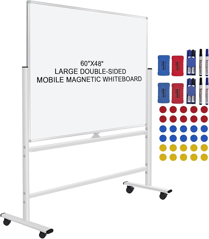 H-Qprobd 60"x48" Mobile Whiteboard Double-Sided Magnetic Dry Erase Board on Wheels - Comercial Rolling White Boards with S...