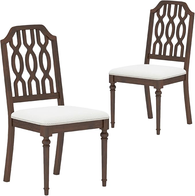 chairus Farmhouse Dining Chairs Set of 2, French Country Vintage Wooden Dining Room Chairs with Lattice Back & Turned Legs, Rustic Chenille Upholstered Nailhead Trim Side Kitchen Chairs, Walnut Brown