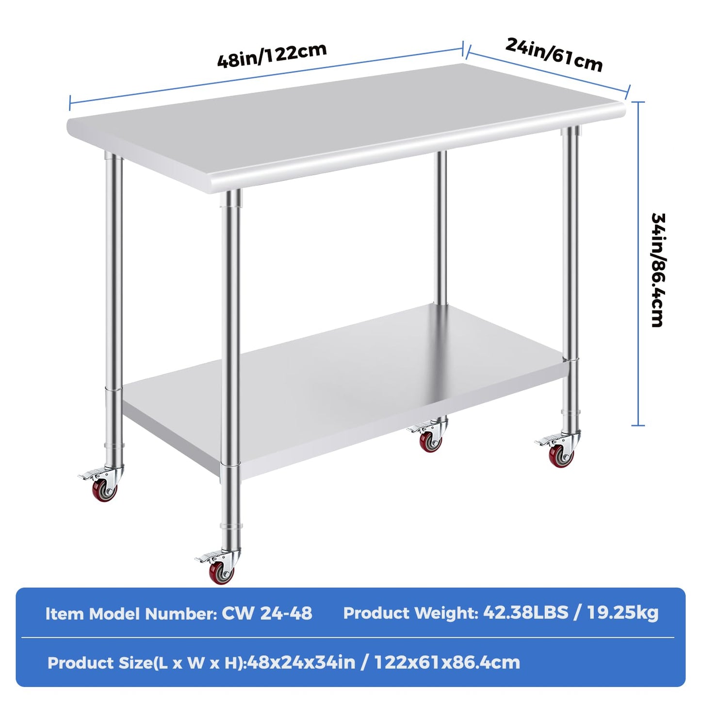 OSTBA Stainless Steel Table for Prep & Work 24x48 Inches with Casters Wheels, NSF Metal Commercial Heavy Duty Table with Adjustable Undershelf for Restaurant Kitchen Home and Hotel