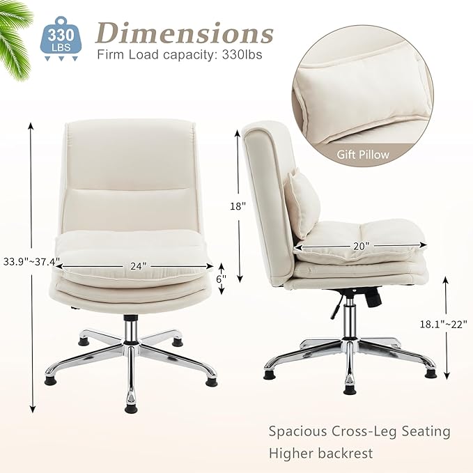 VINGLI Cloud Criss Cross Legged Chair,18" High Back Armless Home Office Desk Chair no Wheel,Wide Adjustable Comfy Padded Seat Task Computer Chair,Modern Swivel Makeup Vanity Chair,Microfiber,Beige
