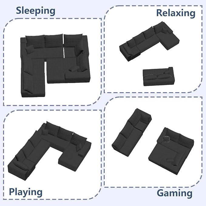 137" Cloud Sectional Couch with L-Shape Chaise, Modern Corduroy Boneless Couch for Living Room,Memory Foam Sofa with Deep Seat,No Assembly Required (Black,Right-Facing Chaise)