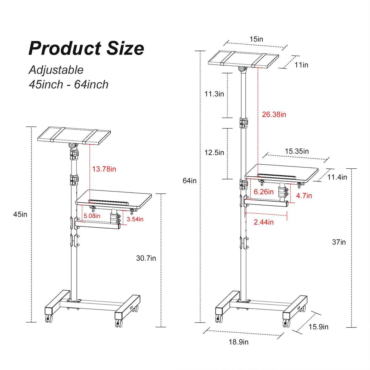 Facilife 2 Shelves Projector Stand Tripod, Mobile Laptop Cart on Wheels Projector Tripod Stand Adjustable Height 45 to 64 Inches, Overbed Table with Wheels, Rolling Laptop Floor Stand for Couch