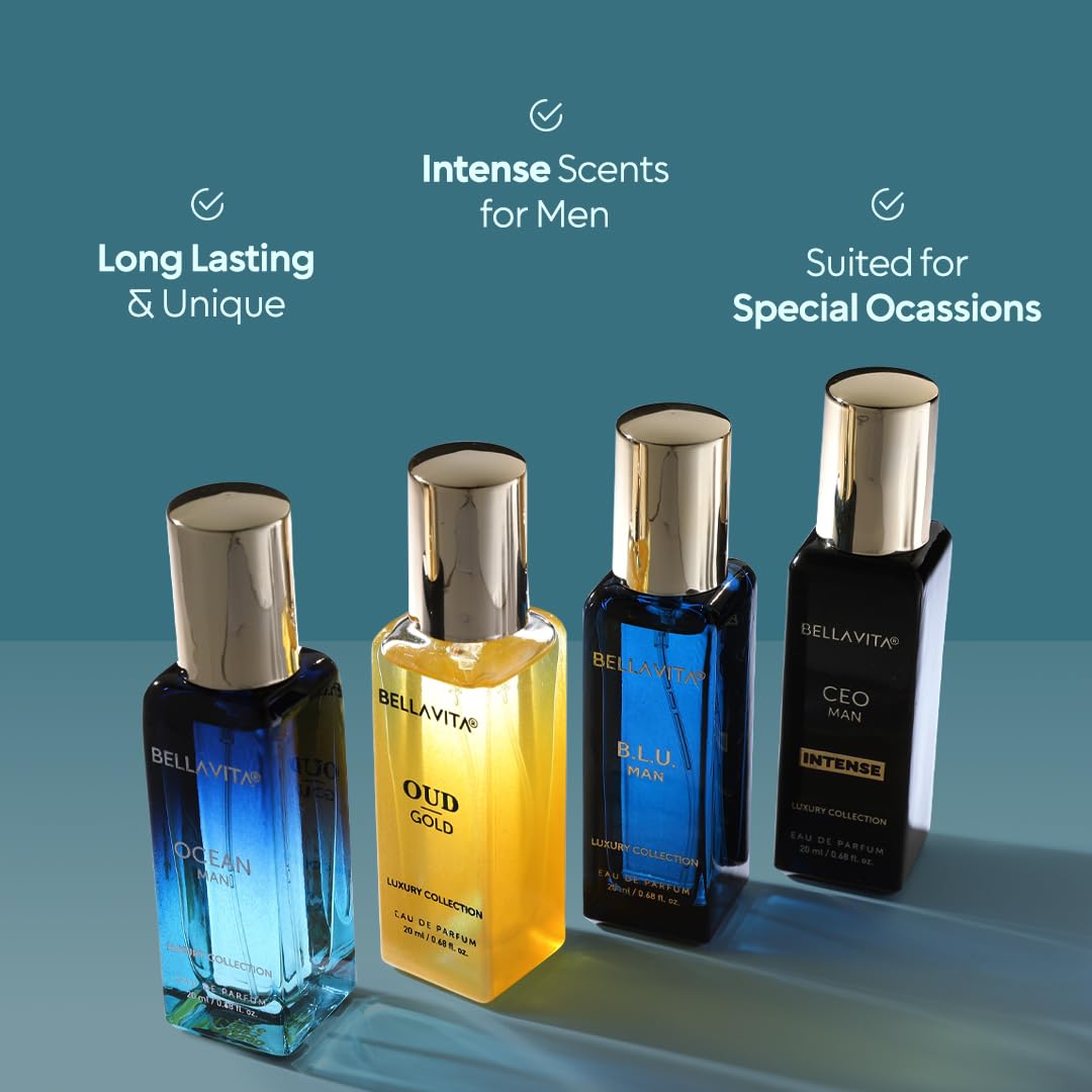 BellaVita Luxury Collection Eau De Parfum Gift Set (4x20ml) | Premium Unisex Perfume Set | Notes of Aqua, Musk, Amber and Bergamot | Includes OUD GOLD, OCEAN, B.L.U. & CEO Intense | Perfume Gift
