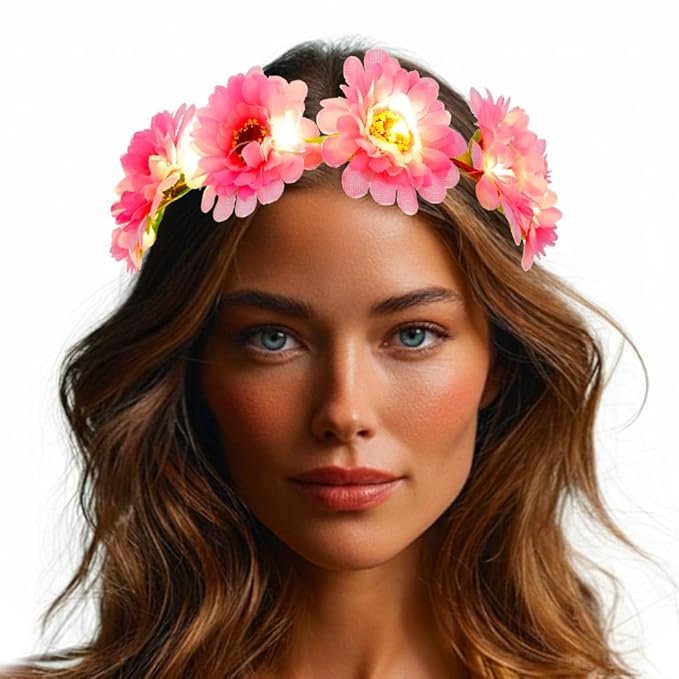 Kesvb Light Up Flower Headband LED Floral Wreath Crown Headbands Glowing Festival Garland Hair Accessories for Women (Pink)