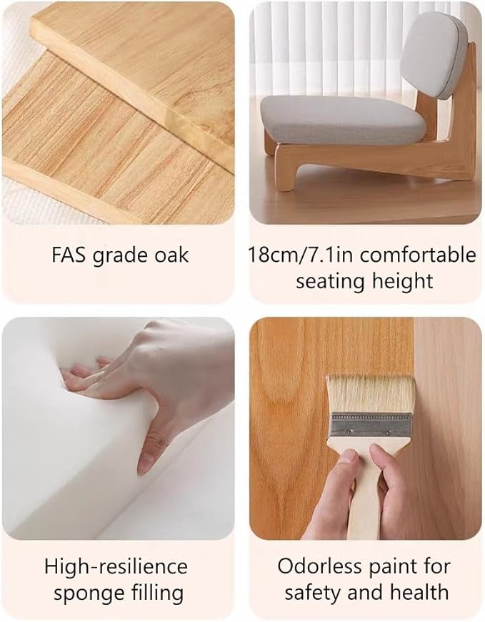 Solid Wood Floor Chair Without Arms, Meditation Chair with Back Support and Cushioned, Low Chair for Living Room, Balcony or Bay Window