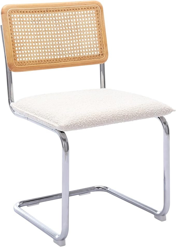 Zesthouse Dining Chairs Set of 4, Natural Rattan Accent Chairs with Solid Wood Back & Stainless Chrome Base, Mid Century Modern Breuer Design Inspired, Upholstered Boucle Kitchen Chairs, White