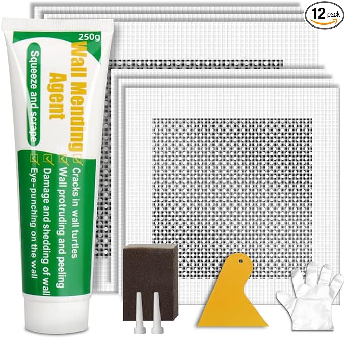 Drywall Repair Kit | 250g Safe Wall Mending Agent | 6pcs Wall Patches | Reusable Frosted Block | Scrapers | Easy Hole Filling for Aluminum, Metal, Plaster, Sheetrock & Ceiling