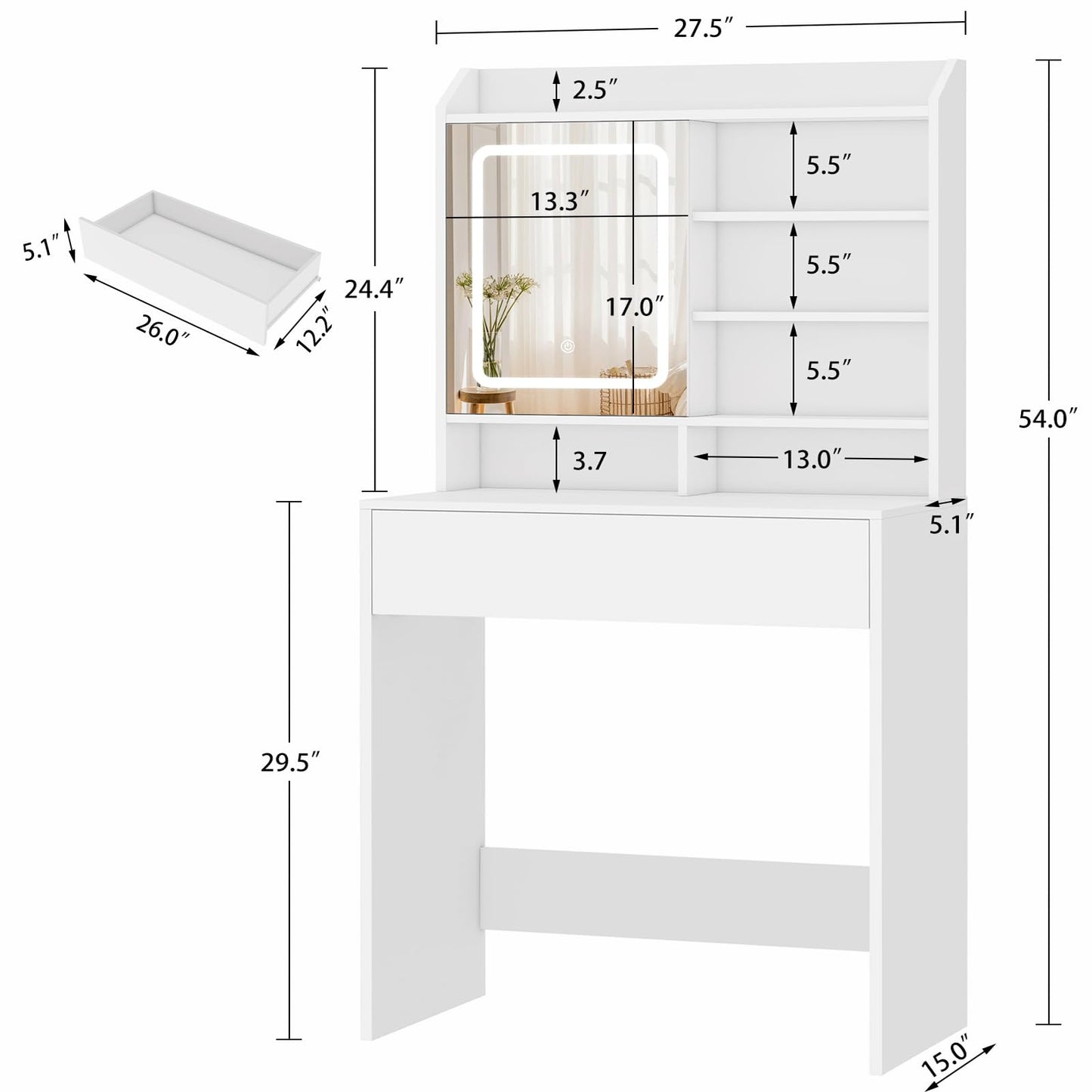 usikey Small Vanity Desk with Mirror and Lights, Makeup Vanity with Lighted Sliding Mirror, 3 Lighting Modes, 1 Large Drawer & 3 Hidden Storage Shelves, Vanity Table for Bedroom, Closet, White