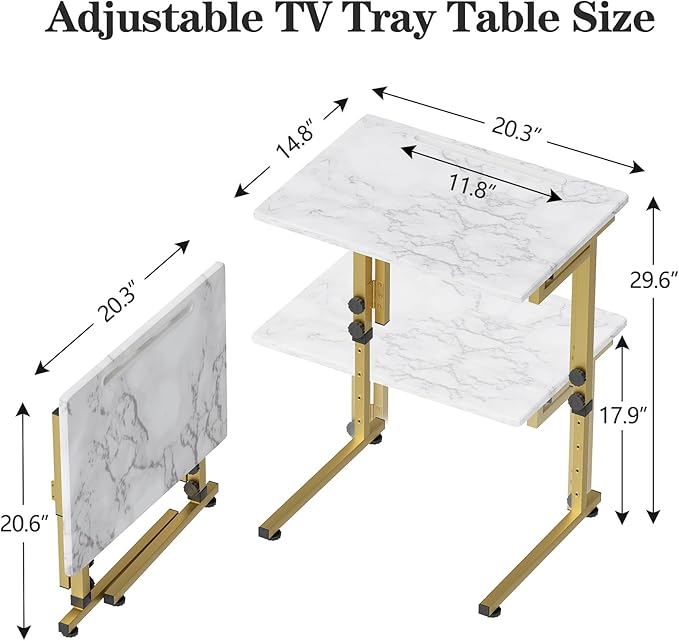Katrawu Folding tv Tray Dinner Snack Table,6 Height Adjustable Slide Under Couch Side Table, Portable Small Foldable C-Shaped End Table for Eating with Sturdy MDF Top,No Assembly(White Marble+Gold)
