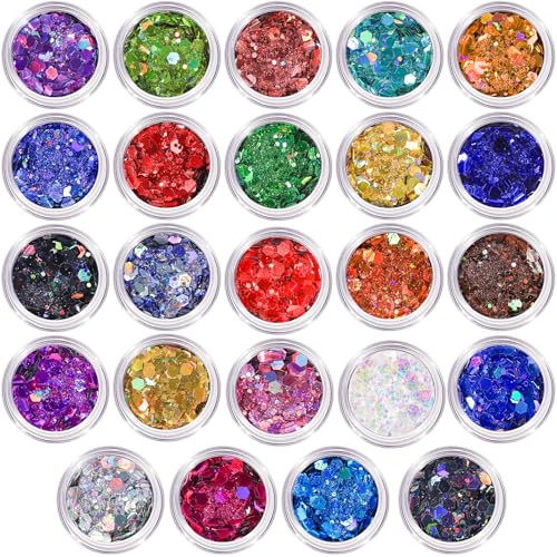 LEOBRO Glitter, 24 Jars Holographic Chunky Glitter for Crafts, Resin, Sequins for Crafts, Hair Face Body Makeup Nail, DIY ...