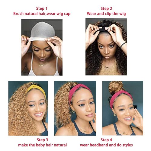 P4/27 Deep Wave Headband Wig Brown And Honey Blonde Human Hair Headband Wig 130% Density Grade 8A Brazilian Remy Hair Machine Made Wigs 24 Inch
