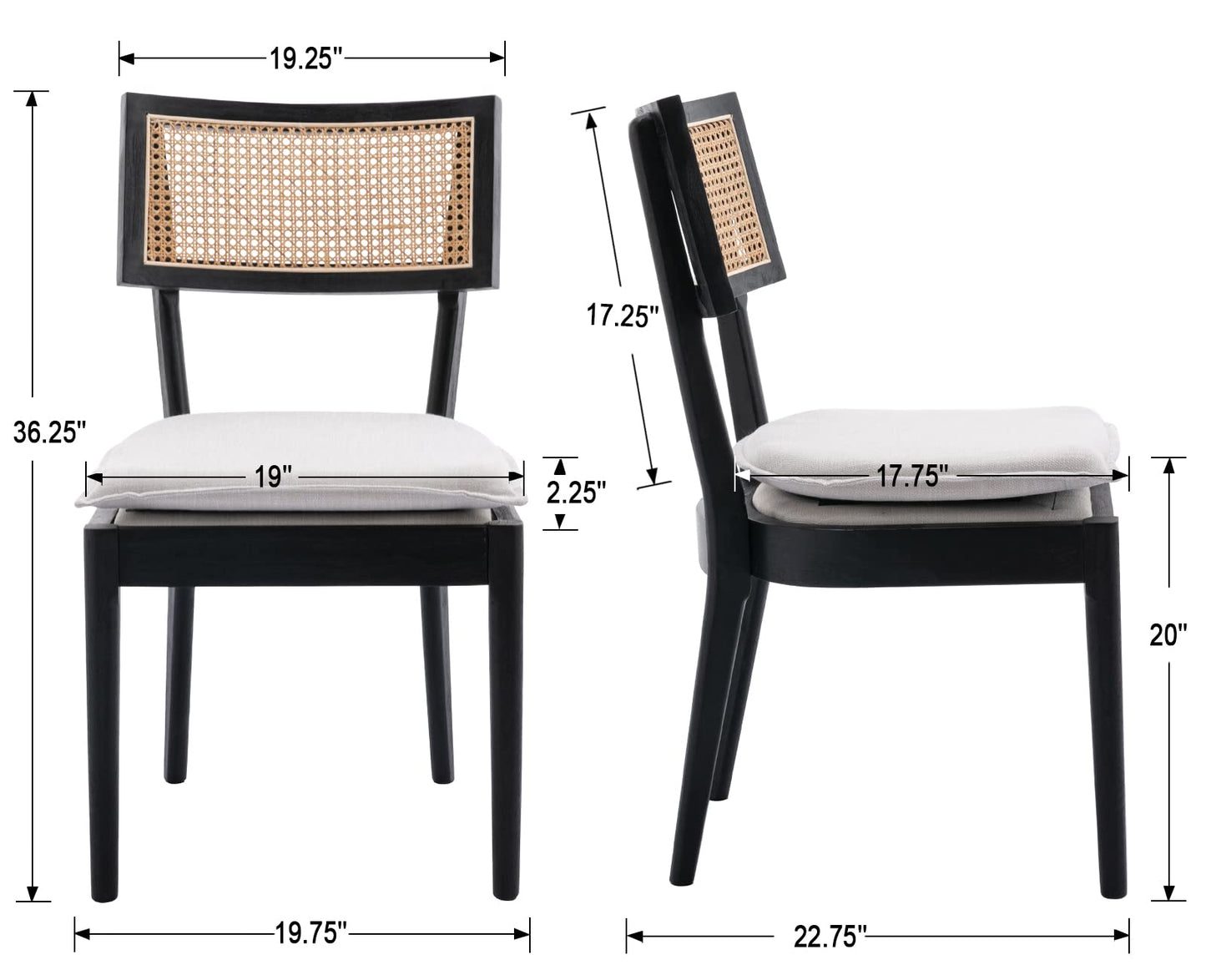 ZH4YOU Black Rattan Dining Chairs Set of 2, Farmhouse Cane Back Kitchen Chairs with Removable Linen Upholstery Side Chairs with Wood Legs for Dining Room/Restaurant