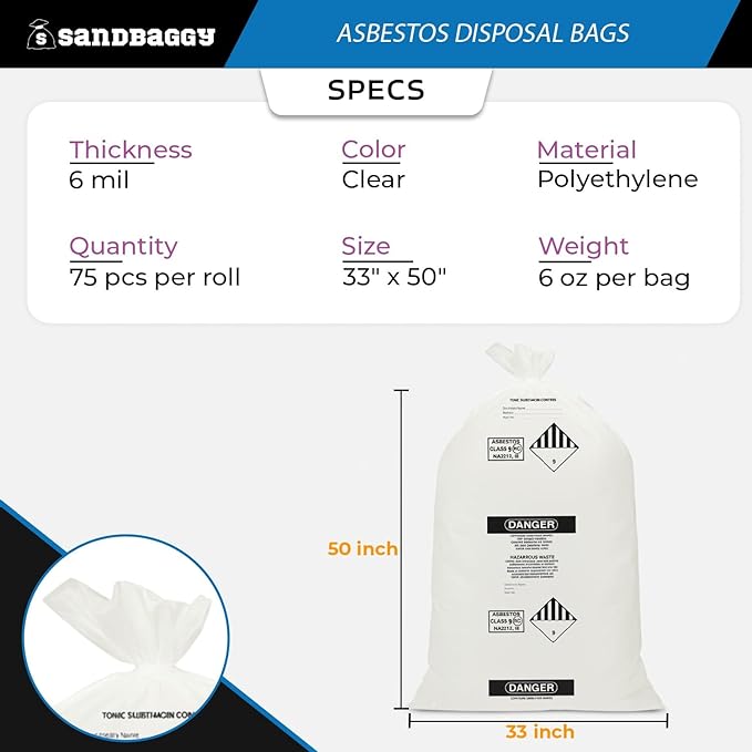 Asbestos Disposal Bags – 33" x 50" Clear Polyethylene, 6 Mil, Made in USA - Sandbaggy (1)