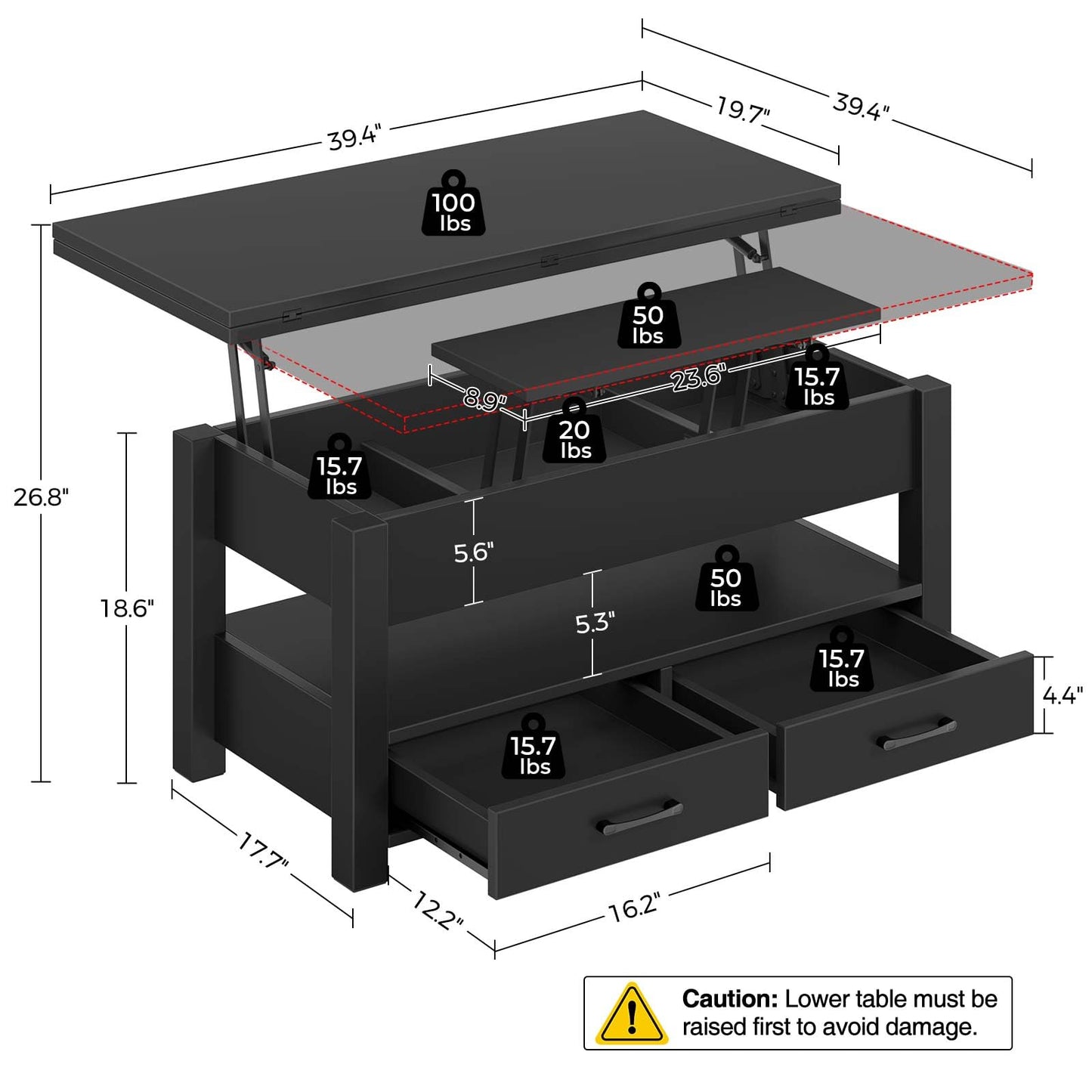 Rolanstar Coffee Table Lift Top, Multi-Function Convertible Coffee Table with Drawers and Hidden Compartment, Converts to Dining Table for Living Room, Home Office,Black