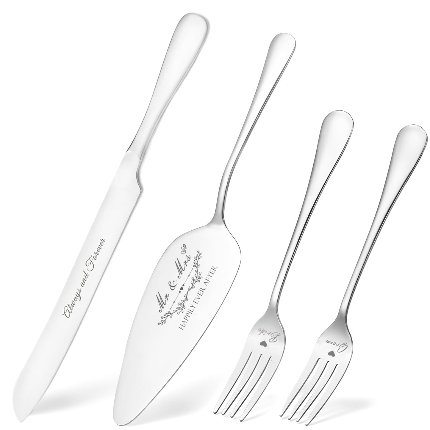 Wedding Cake Knife and Server Set, Silver Cake Cutting Set for Wedding, 4 Pieces Set with Forks for Engagements, Anniversaries, Bride and Groom