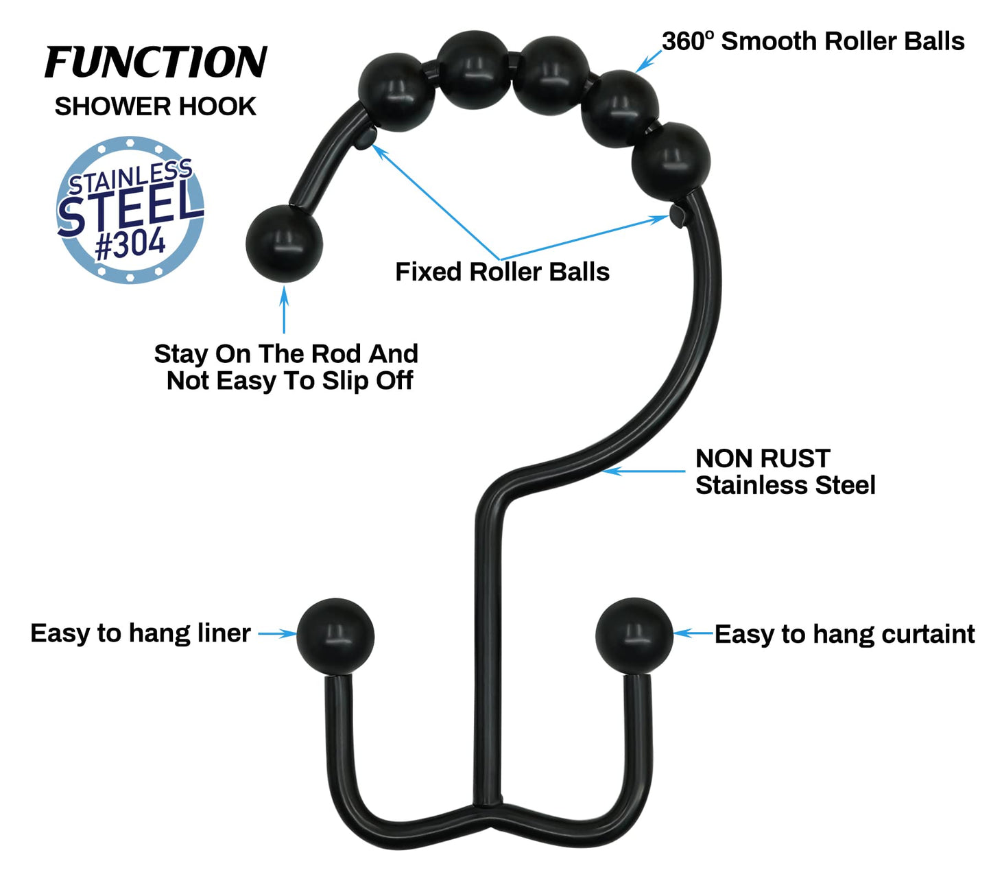 Black Shower Rod with 12 Hooks, 43-72 Inches, Rust Resistance, Adjustable Tension Rod with Durable Spring, No Drilling - Use For Bathroom, Bedroom, Home, Matte Black