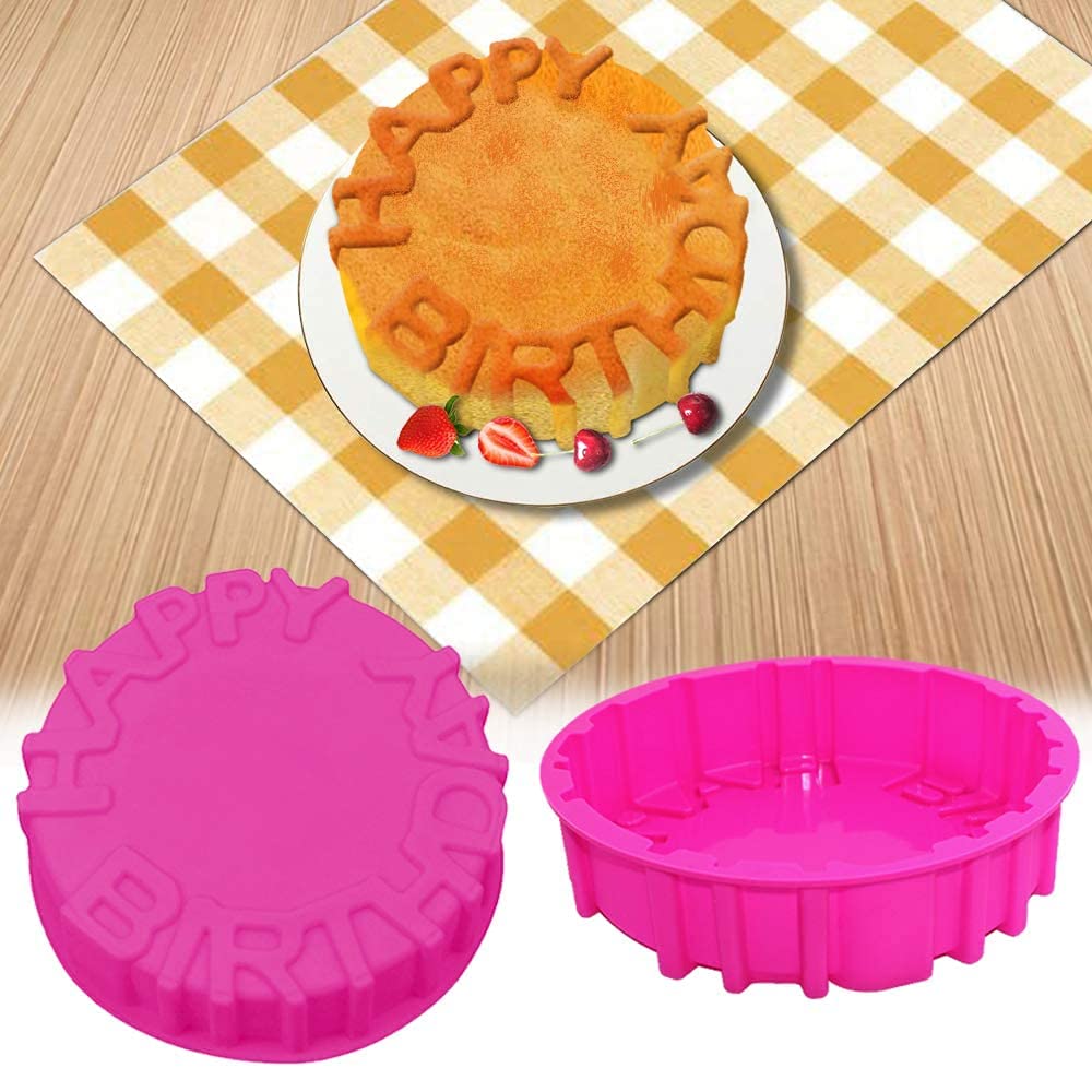 OMDBAGD Birthday Cake Molds for Baking Silicone Cake Pan Tools，Non-stick Cheese Reusable and Durable Pastry Mould for Dessert, Cookie, Bread, Pudding, Jelly, Chocolate and More（Pink、7.9in）