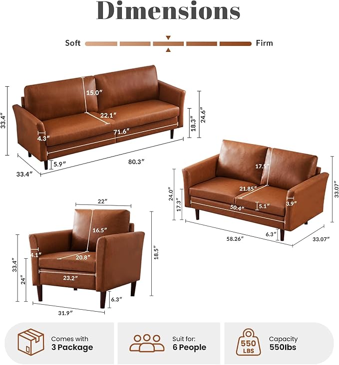 Kingfun Living Room Furniture Sets, 3 Seater Sofa, Loveseat and Armcahir, Mid Century Modern Sofa Set, Faux Leather Couch with Solid Wood Frame for Living Room & Bedroom, Chestnut