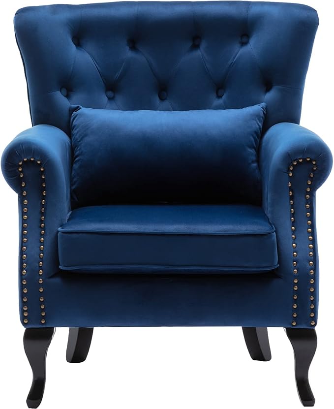 DM Furniture Mid-Century Accent Chair Modern Button Tufted Armchair Wingback Club Chair Velvet Single Sofa Lounge Chair with Pillow for Living Room Bedroom, Blue