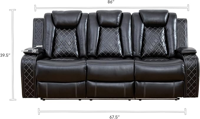 A Ainehome Luxury Furniture Sets Power Recliner Sofa Set Recliner Leather Sofas Loveseat Chair for Living Room Furniture/Small Space/Rv/House/Office/Theater Seating (F-Black,Sofa(3seater))