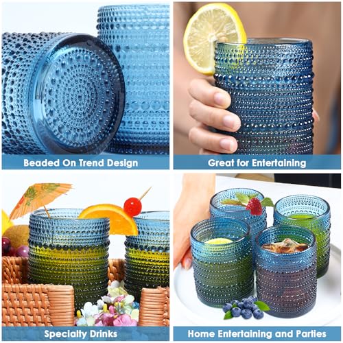 KMIGRUAN Hobnail Drinking Glasses Set of 6,12oz Blue Vintage Glassware,Cocktail Glasses,Embossed Glass Cups,Water Tumbler ...