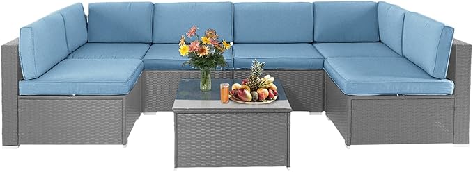 Crownland 7-Pieces Outdoor Patio Furniture Sets, All-Weather Grey Wicker Rattan Sectional Sofa, Modern Glass Coffee Table and Washable Seat Cushion with YKK Zipper (Light Blue)