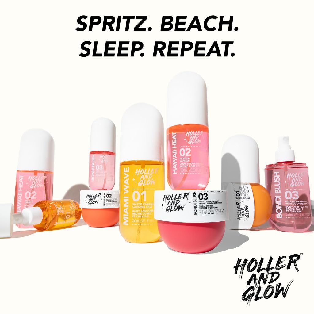 Holler and Glow Hawaii Heat Body & Hair Mist, Warm Vanilla, Peony & Amber Scent, Long-Lasting Daily Fragrance, Lightweight, Vegan, Cruelty-Free, Alcohol-Free, Hydrating Hair Perfume, 8.11 Fl Oz