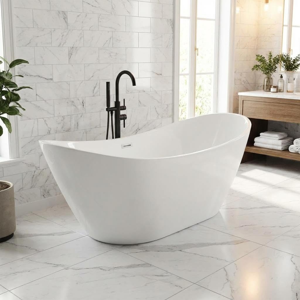 67'' Freestanding Bathtub, Acrylic, Deep Soaking Tub with Non-Slip Surface, Modern Free Standing Bath Tub, Chrome Drain, cUPC Certified, Easy Install, Space-Saving Bathtub for Bathrooms, White