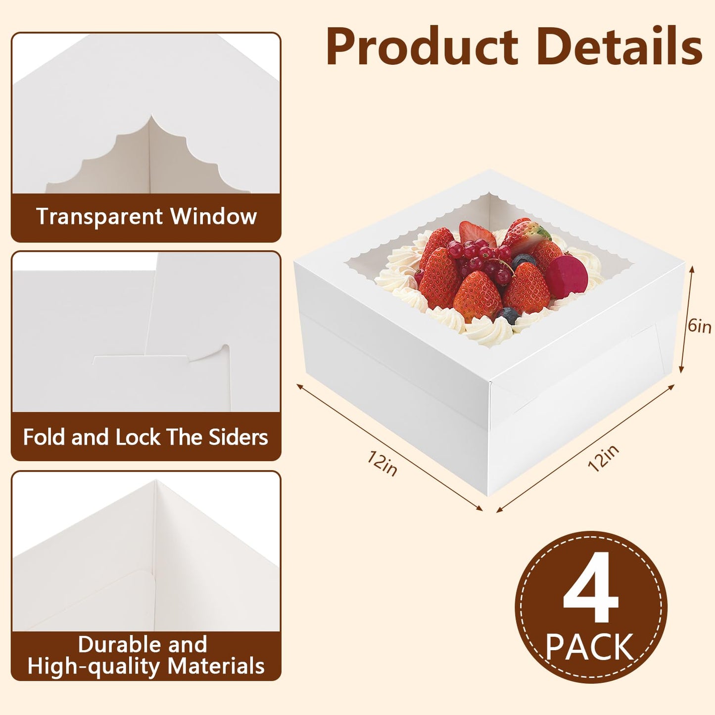NEOACT 12x12x6 Bulk 4 Pcs Cake Boxes 12 Inch Square Cake Boxes with Window, Cake Containers with Lids, Disposable Bakery Boxes for Valentine's Day,Easter, Mother's Day, Cookies, Large Pastries
