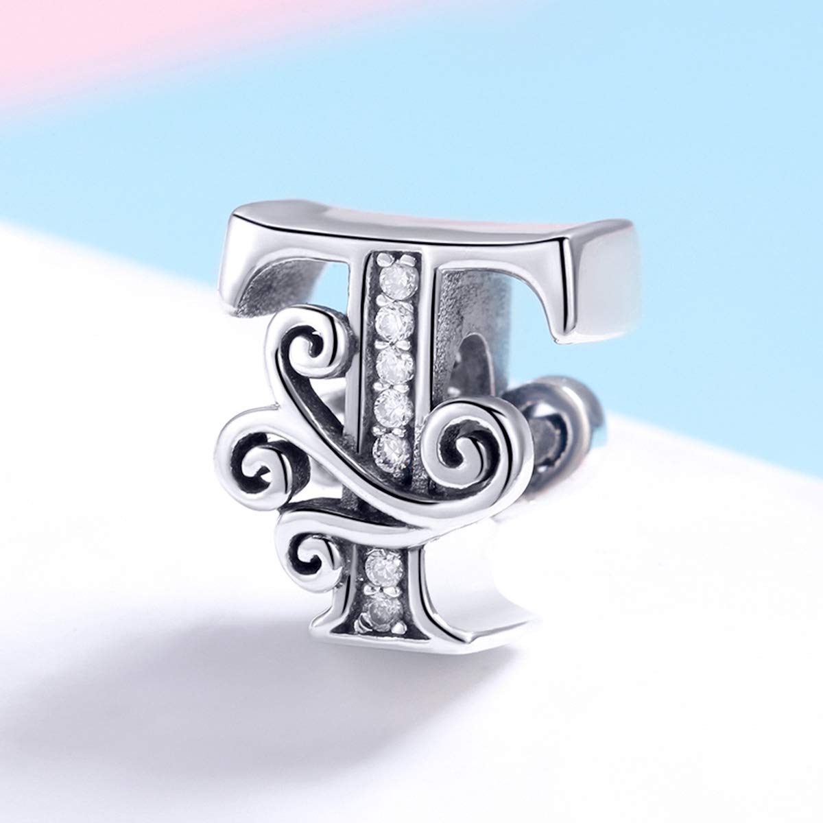 BISAER 925 Sterling Silver Initial Letter T Charms for Bracelets Alphabet Beads Charm Jewelry Gifts