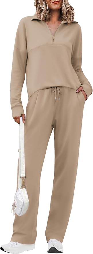 Totatuit Womens Sweatsuits 2 piece Set Lapel Half Zip Lightweight Sweatshirts and Wide Leg Pants Tracksuit Lounge Sets