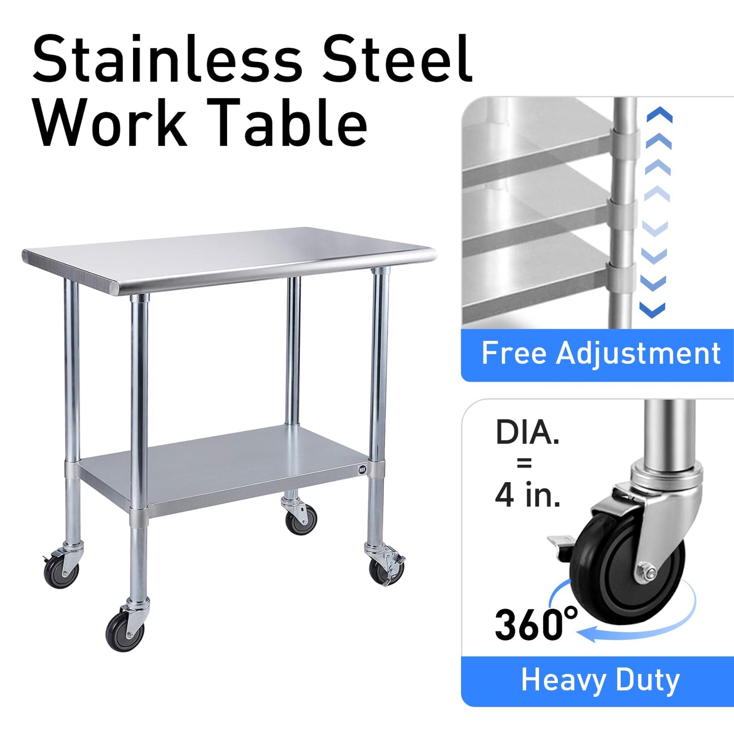 ROCKPOINT Stainless Steel Table for Prep & Work with Caster Wheels 24x36 Inches, NSF Metal Commercial Kitchen Heavy Duty Table with Adjustable Under Shelf and Table Foot for Restaurant, Home and Hotel