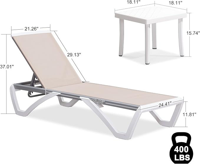 PURPLE LEAF Patio Chaise Lounge Chair Set of 3 Outside Aluminum Plastic Stackable Tanning Chairs for Pool Sunbathing Beach Deck Outdoor Lounger, Khaki