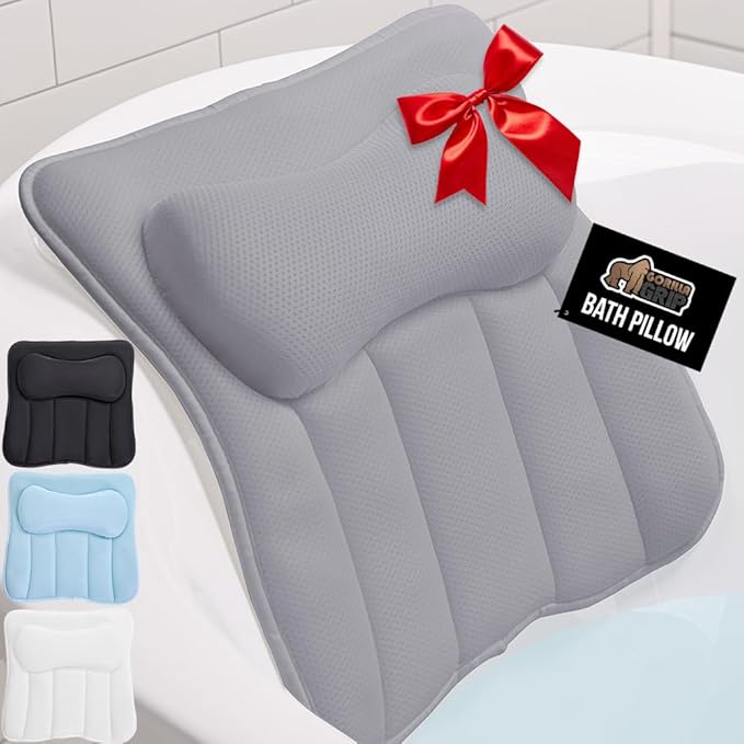 GORILLA GRIP Bath Pillow for Tub with Powerful Suction Cups, Headrest Pillows for Neck and Back Support, Machine Wash, Bathtub and Hot Tub Accessories, Relaxing Spa Gift Essentials for Women, Gray