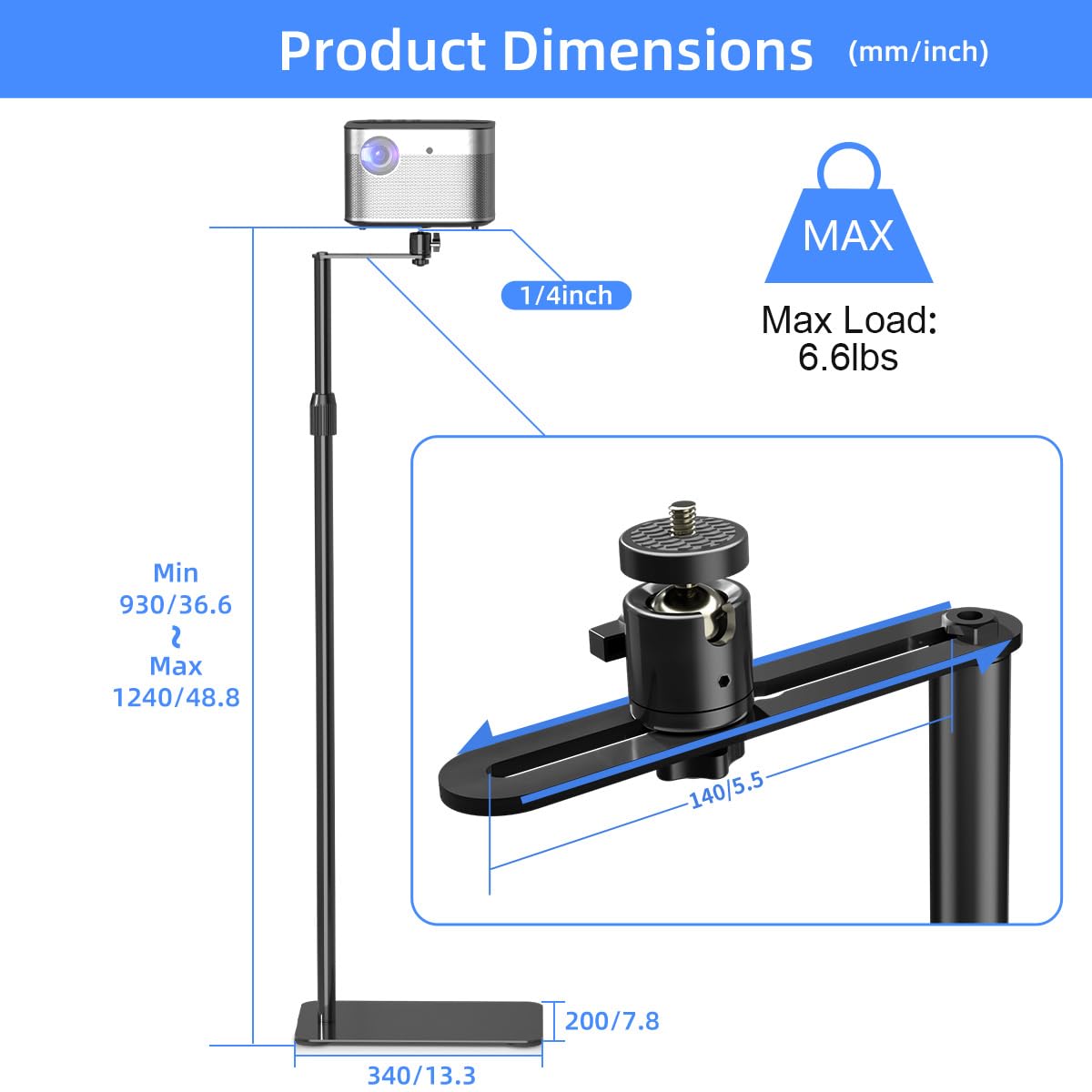 suptek Projector Stand Against Wall Hidden Stand, 360°Swivel, Height Adjustable, Mini Projector Mount Bracket, Compatible with Home Office Video Vlog DVR Camera, PR001FP