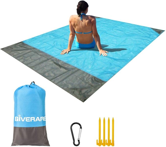 GIVERARE Sandfree Beach Blanket, Waterproof Picnic Blanket, Quick Drying Indoor&Outdoor Family Mat with 4 Stakes&4 Corner ...