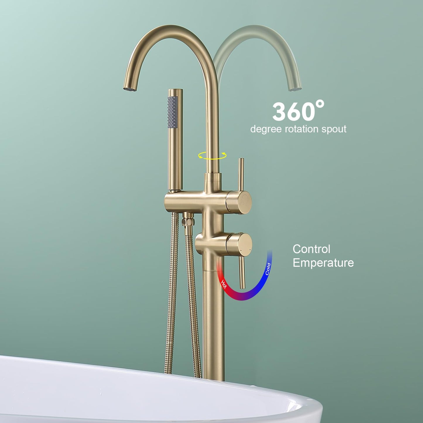 Taplong Brushed Gold Free Standing Tub Faucet Freestanding Bathtub Faucet with Handheld Sprayer, Floor Mount Tub Filler, Shower Tub Faucet Set Complete, Bathtub Faucet with Shower-51005BG